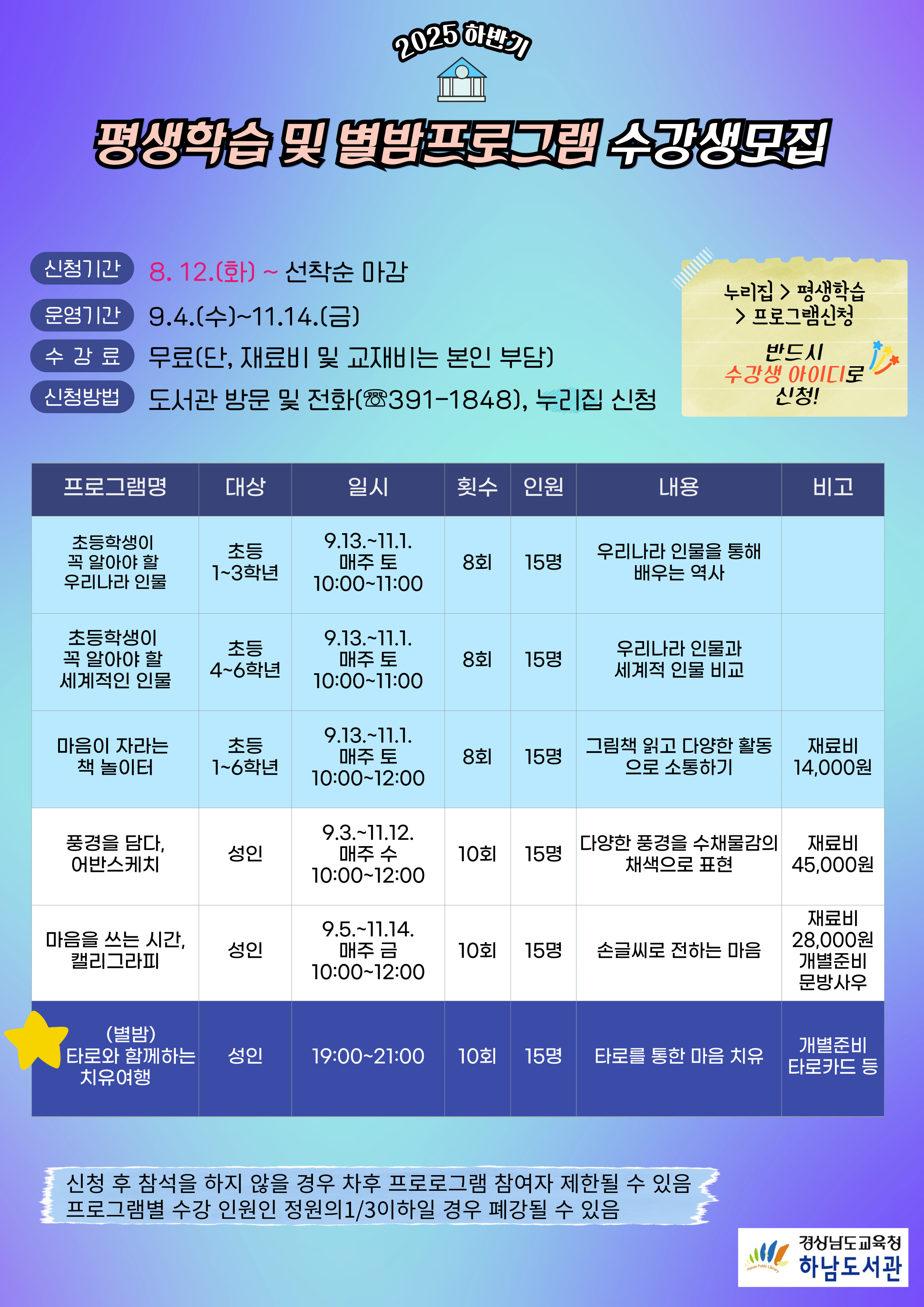 하남도서관, 2025년 하반기 평생학습 및 별밤프로그램 수강생 모집 홍보 - 관련이미지1