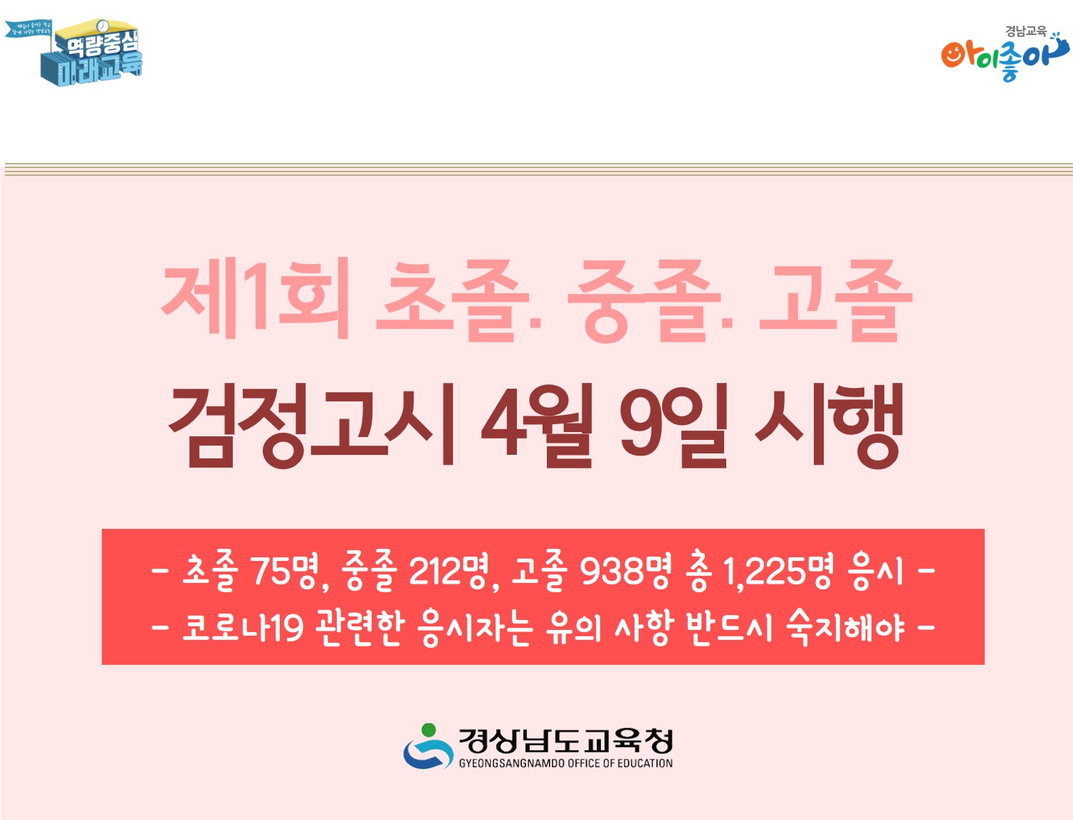 제1회 초졸·중졸·고졸 검정고시 4월 9일 시행(초등교육과 김성관 ☎268-1134) - 관련이미지1