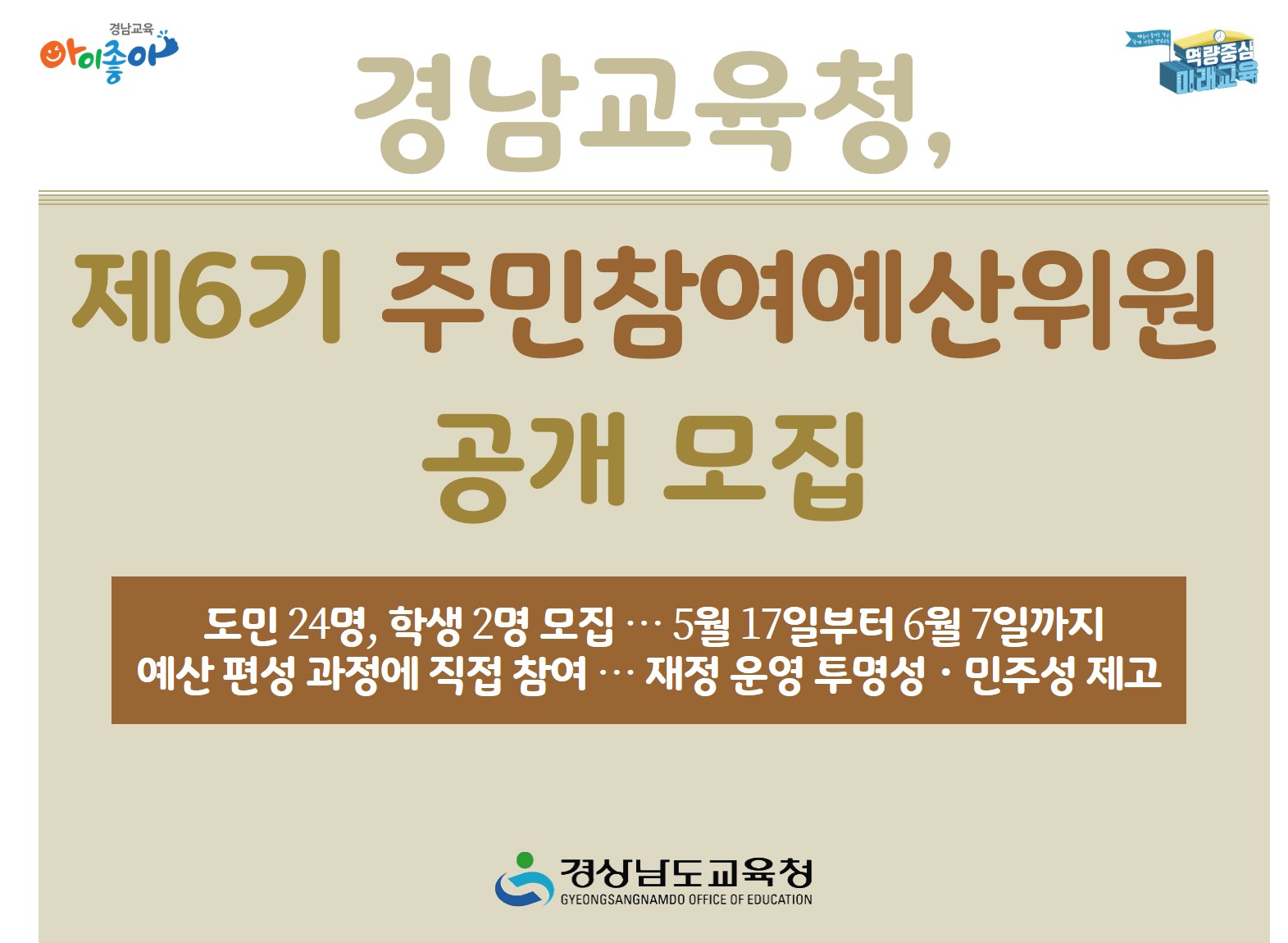 경남교육청, 제6기 주민참여예산위원 공개 모집(정책기획관 이지연 ☎268-1291 또는 주선희 ☎268-1292) - 관련이미지1