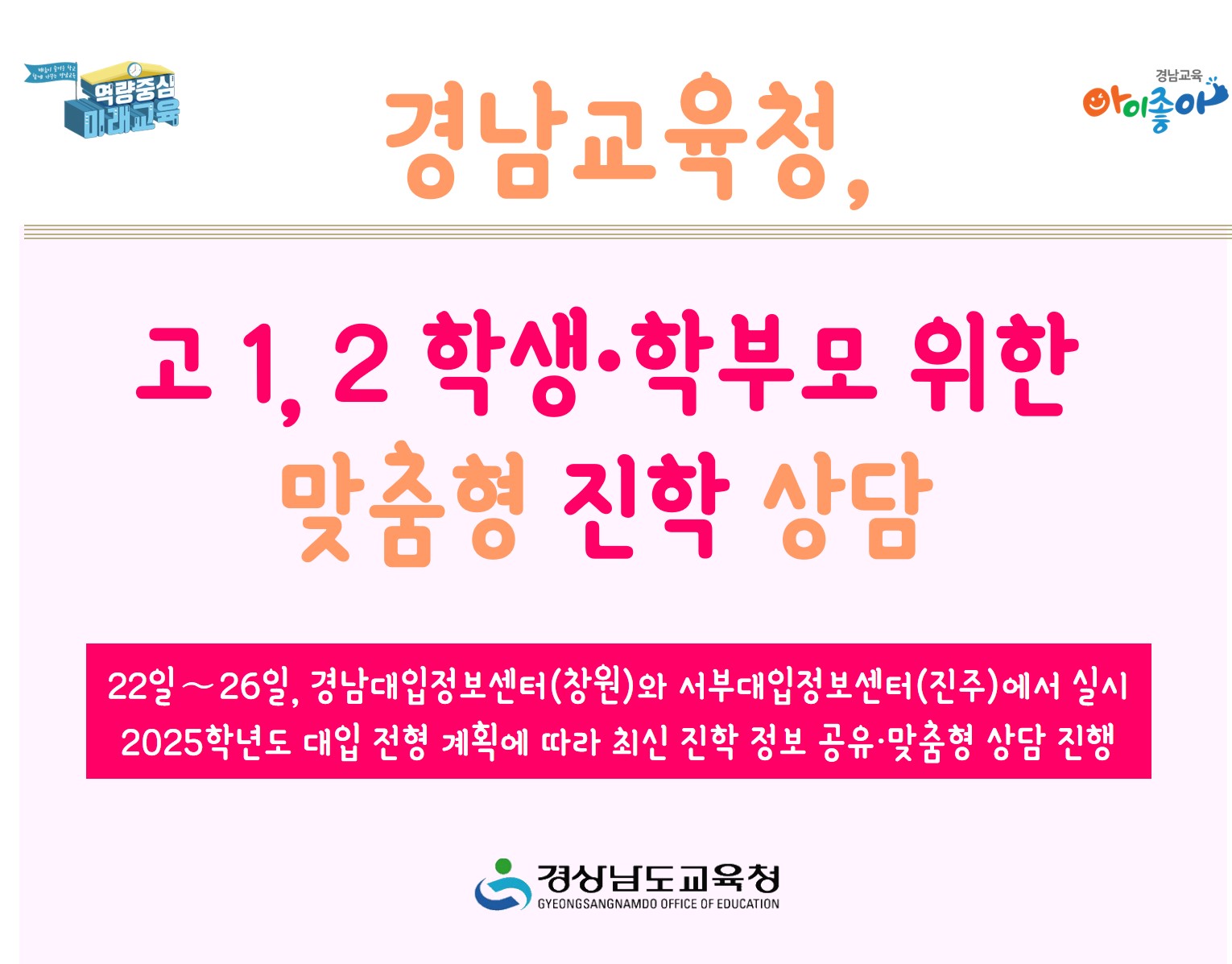 경남교육청, 고 1, 2 학생·학부모 위한 맞춤형 진학 상담(진로교육과 김종승 ☎268-1381 또는 박현준 ☎210-5112) - 관련이미지1