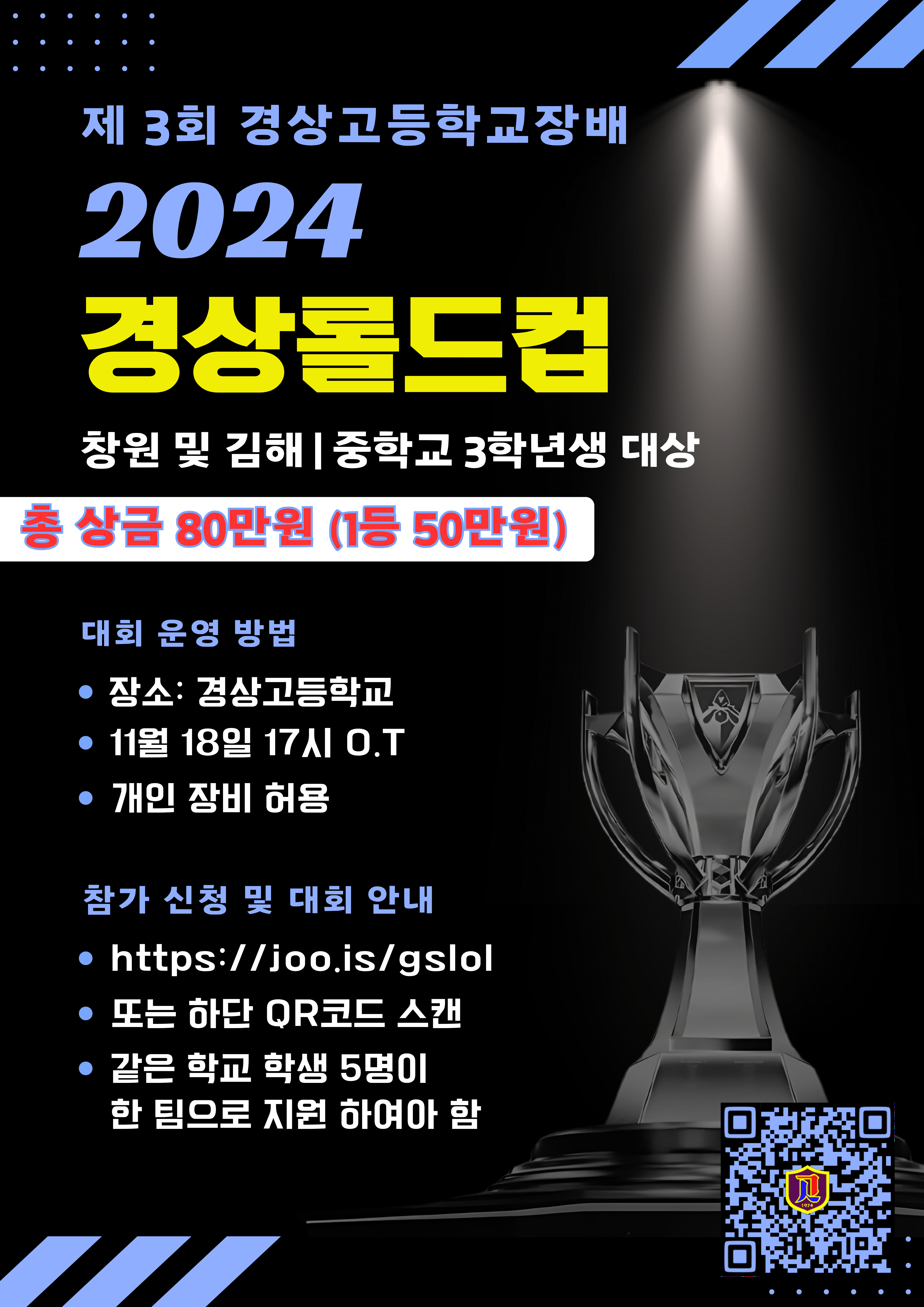 제 3회 경상고등학교장배 2024 경상롤드컵. 창원 및 김해, 중학교 3학년생 대상/ 총 상금 80만원(1등 50만원). -대회 운영 방법 *장소: 경상고등학교 *11월 18일 17시 O.T *개인 장비 허용 -참가 신청 및 대회 안내 *https://joo.is/gslol *또는 하단 QR코드 스캔 * 같은 학교 학생 5명이 한 팀으로 지원하여야 함 (QR코드 제공)