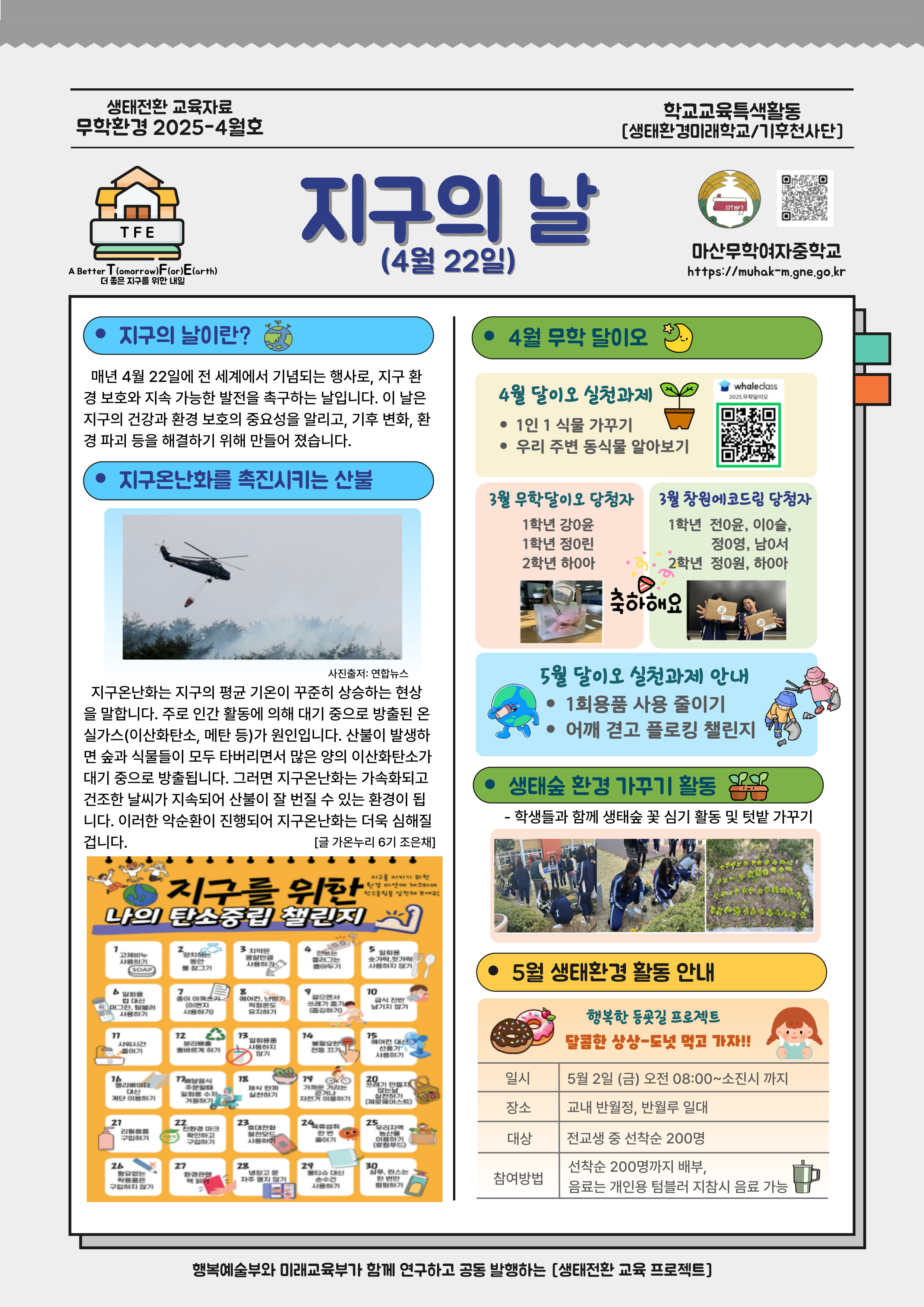 생태전환 교육자료 무학환경 2025-4월호. 학교교육특색활동[생태환경미래학교/기후천사단] "지구의 날(4월 22일)" A Better T(omorrow) F(or) E(arth) 더 좋은 지굴르 위한 내일. 마산무학여자중학교(QR코드 포함) https://muhak-m.gne.go.kr *지구의 날이란? 매년 4월 22일에 전 세계에서 기념되는 행사로, 지구 환경 보호와 지속 가능한 발전을 촉구하는 날입니다. 이 날은 지구의 건강과 환경 보호의 중요성을 알리고, 기후 변화, 환경 파괴 등을 해결하기 위해 만들어 졌습니다. *지구온난화를 촉진시키는 산불. 지구온난화는 지구의 평균 기온이 꾸준히 상승하는 현상을 말합니다. 주로 인간 활동에 의해 대기 중으로 방출된 온실가스(이산화탄소, 메탄 등)가 원인입니다. 산불이 발생하면 숲과 식물들이 모두 타버리면서 많은 양의 이산화탄소가 대기 중으로 방출됩니다. 그러면 지구온난화는 가속화되고 건조한 날시가 지속되어 산불이 잘 번질 수 있는 환경이 됩니다. 이러한 악순환이 진행되어 지구온난화는 더욱 심해질겁니다. [글 가온누리 6기 조은채] 지구를 위한 나의 탄소중립 챌린지. 지구를 지키기 위한 환경 미션에 체크하여 탄소중립을 실천해 보세요! 1.고체비누 사용하기 2.양치하는 동안 물 잠그기 3.치약은 콩알만큼 사용하기 4.안쓰는 플러그는 뽑아두기 5.일회용 숟가락, 젓가락 사용하지 않기 6.일회용 컵 대신 머그잔, 텀블러 사용하기 7.종이 아껴쓰기(이면지 사용하기) 8.에어컨, 난방기 적정온도 유지하기 9.걸으면서 쓰레기 줍기(줍깅하기) 10.급신 잔반 남기지 않기 11.샤워시간 줄이기 12.분리배출 올바르게 하기 13.일회용품 사용하지 않기 14.불필요한 전등 끄기 15.에어컨 대신 선풍기 사용하기 16.엘리베이터 대신 계단 이용하기 17.배달음식 주문할때 일회용 수저 거절하기 18.채식 한끼 실천하기 19.가까운 거리는 걷거나 자전거 이용하기 20.쓰레기 만들지 않는날 실천하기(제로웨이스트) 21.리필용품 구입하기 22.친환경 마크 확인하고 구입하기 23.휴대전화 절전모드 사용하기 24.육류섭취 한 번 줄이기 25.우리지역 농산물 이용하기(로컬푸드) 26.필요없는 학용품은 구입하지 않기 27.환경 관련 책 읽기 28.냉장고 문 자주 열지 않기 29.물티슈 대신 손수건 사용하기 30. 샴푸,린스는 한 번만 펌핑하기 *4월 무학의 달이오. 4월 달이오 실천과제 - 1인 1식물 가꾸기, 우리 주변 동식물 알아보기. *3월 무학달이오 당첨자: 1학년 강O윤, 1학년 정O린, 2학년 하O아. *3월 창원에코드림 당첨자: 1학년 전O윤, 이O슬, 정O영, 남O서, 2학년 정O원, 하O아. 축하해요. *5월 달이오 실천과제 안내 - 1회용품 사용 줄이기, 어깨 겯고 플로킹 챌린지 *생태숲 환경 가꾸기 활동-학생들과 함께 생태숲 꽃 심기 활동 및 텃밭 가꾸기 *5월 생태환경 활동 안내 "행복한 등굣길 프로젝트. 달콤한 상상-도넛 먹고 가자!!" -일시: 5월2일(금) 오전 08:00~소진시 까지, 장소: 교내 반월정, 반월루 일대, 대상: 전교생 중 선착순 200명, 참여방법: 선착순 200명까지 배부, 음료는 개인용 텀블러 지참시 음료 가능. -행복예술부와 미래교육부가 함께 연구하고 공동 발행하는 [생태전환 교육 프로젝트]