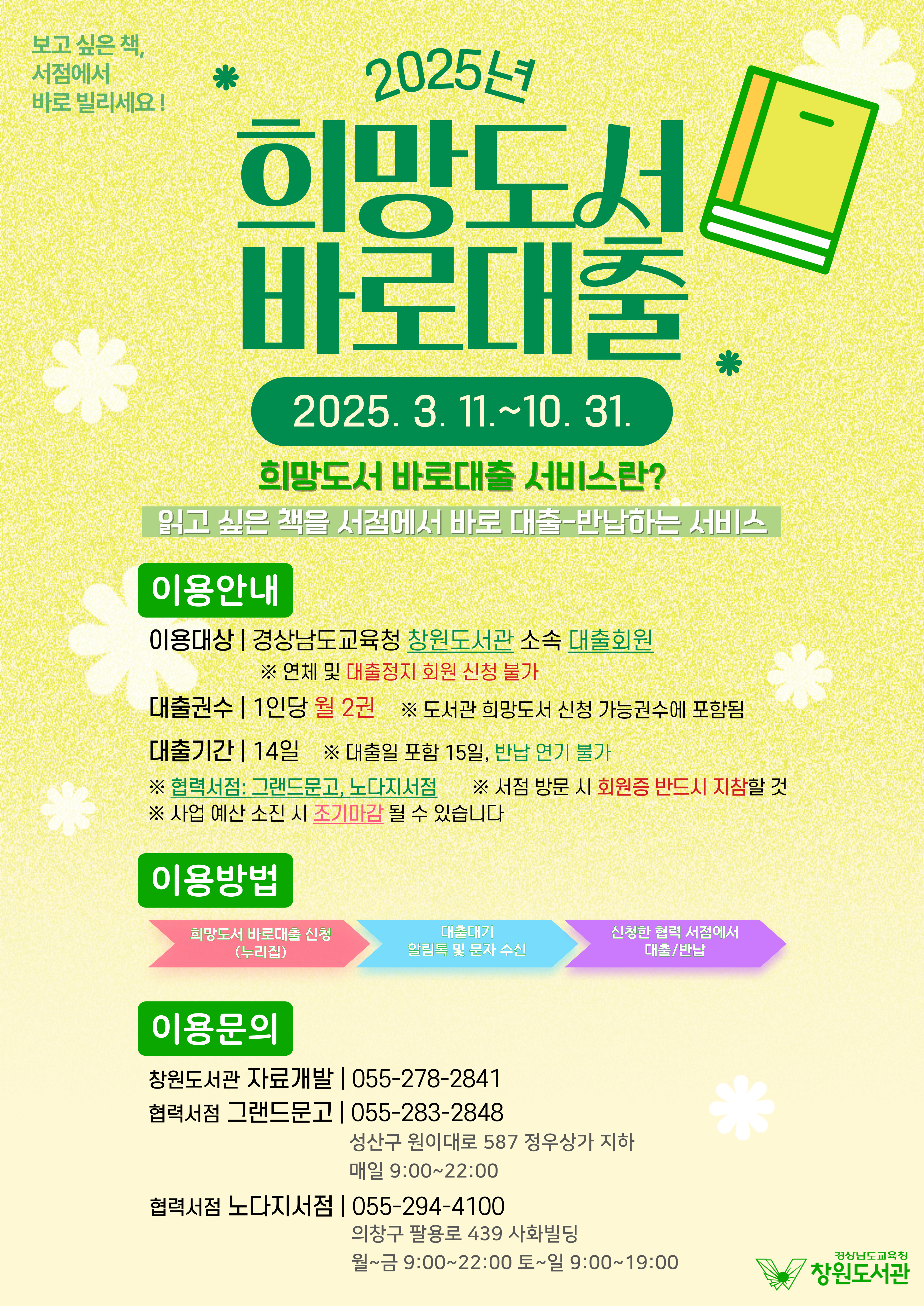 보고 싶은 책, 서점에서 바로 빌리세요! 2025년 희망도서 바로대출. 2025.3.11.~10.31. 희망도서 바로대출 서비스란? 읽고 싶은 책을 서점에서 바로 대출-반납하는 서비스 <이용안내> *이용대상: 경상남도교육청 창원도서관 소속 대출회원 ※연체 및 대출정지 회원 신청 불가 *대출권수: 1인당 월 2권 ※도서관 희망도서 신청 가능권수에 포함됨 *대출기간: 14일 ※대출일 포함 15일, 반납 연기 불가 ※협력서점: 그랜드문고, 노다지 서점 ※ 서점 방문 시 회원증 반드시 지참할 것 ※ 사업 예산 소진 시 조기마감 될 수 있습니다. <이용방법> 희망도서 바로대출 신청(누리집) → 대출대시 알림토 및 문자 수신 → 신청한 협력 서점에서 대출/반납 <이용문의> 창원도서관 자료개발: 055-278-2841, 협력서점 그랜드문고: 055-283-2848, 성산구 원이대로 587 정우상가 지하 매일 9:00~22:00, 협력서점 노다지서점: 055-294-4100, 의창구 팔용로 439 사화빌딩 월~금 9:00~22:00, 토~일 9:00~19:00 - 경상남도교육청 창원도서관