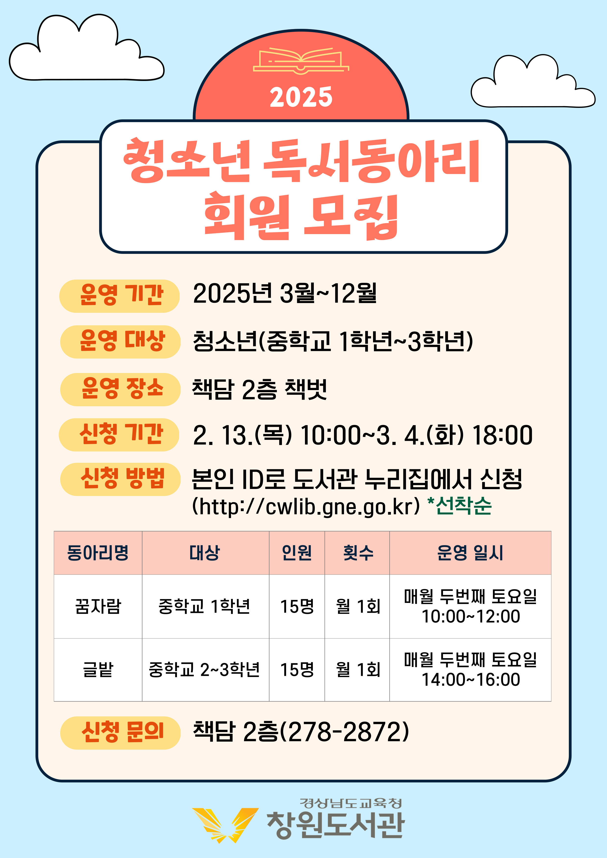"2025 청소년 독서동아리 회원 모집" *운영기간: 2025년 3월~12월 *운영대상: 청소년(중학교 1학년~3학년) *운영장소: 책담 2층 책벗 *신청기간: 2.13.(목) 10:00~3.4.(화) 18:00 *신청방법: 본인 ID로 도서관 누리집에서 신청(http://cwlib.gne.go.kr) *선착순 (1)동아리명: 꿈자람, 대상: 중학교 1학년, 인원: 15명, 횟수: 월 1회, 운영일시: 매월 두번째 토요일 10:00~12:00 (2)동아리명:글밭, 대상: 중학교2~3학년, 인원: 15명, 횟수: 월1회, 운영일시: 매월 두번째 토요일 14:00~16:00 *신청문의: 책담 2층(278-2872) - 경상남도교육청 창원도서관