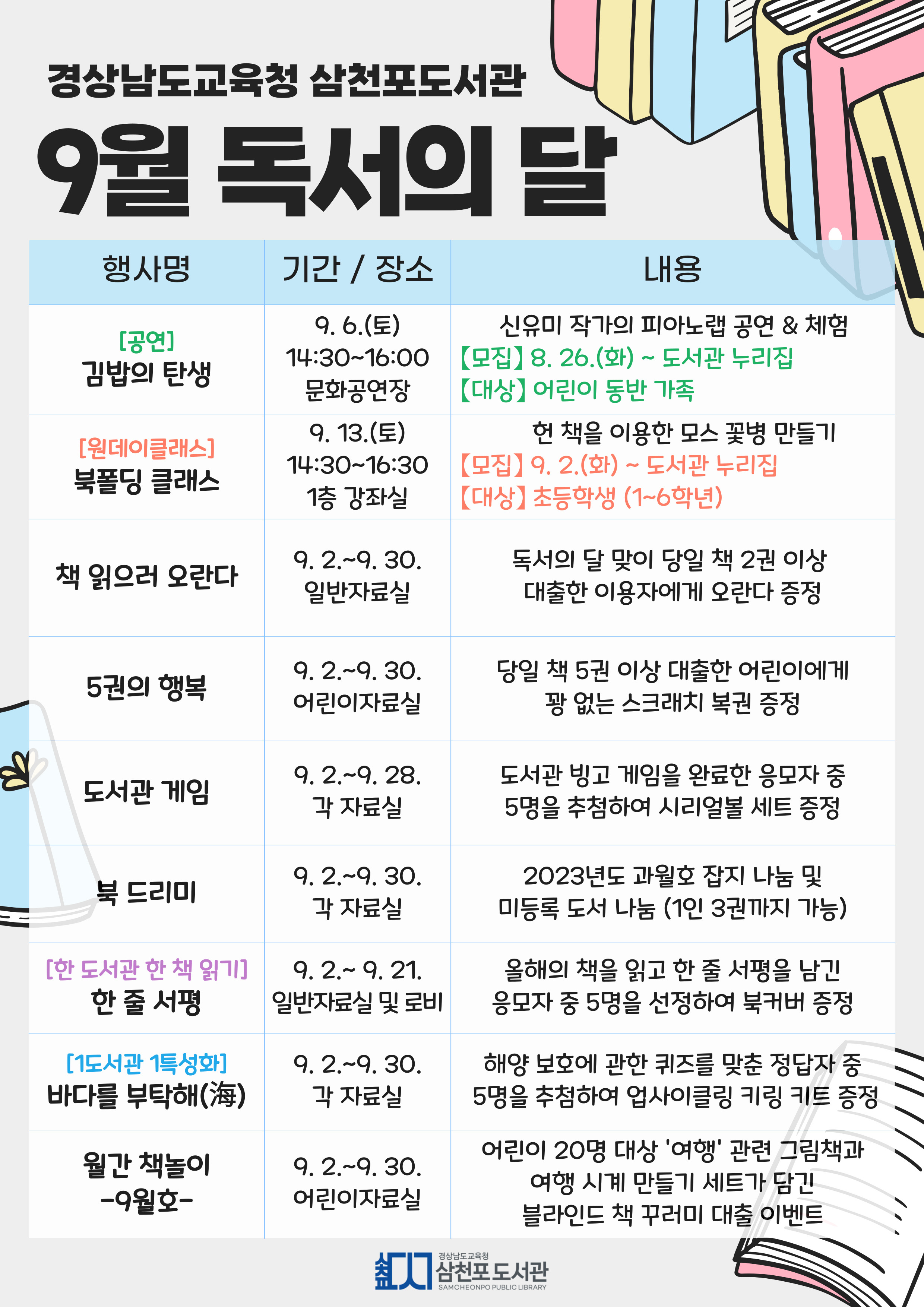 삼천포도서관, 9월 독서의 달 읽기예보 독서 문화행사 마련 - 관련이미지1