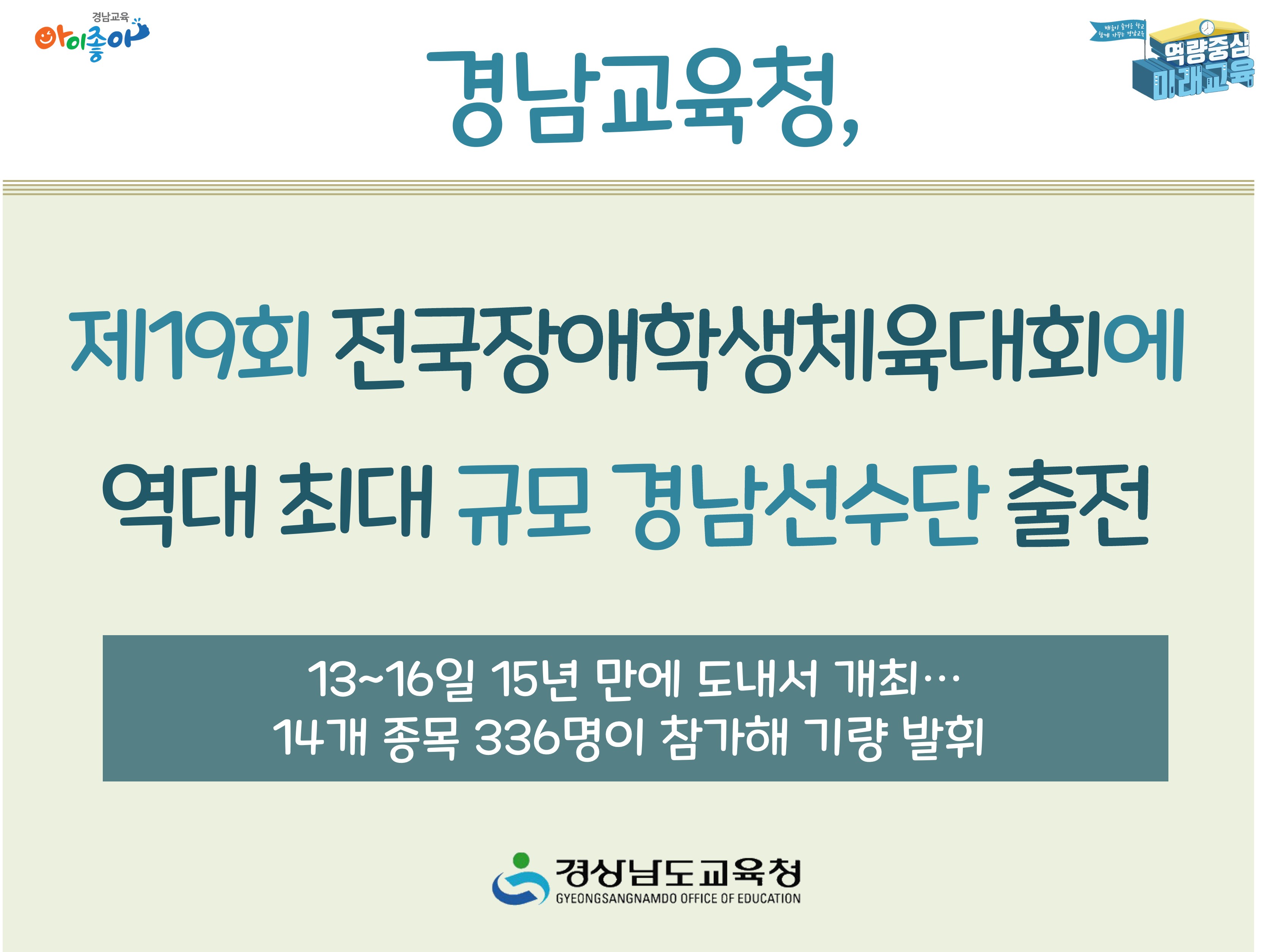 경남교육청, 제19회 전국장애학생체육대회에 역대 최대 규모 경남선수단 출전 -13~16일 15년 만에 도내서 개최 / 14개 종목 336명이 참가해 기량 발휘 - 경상남도교육청